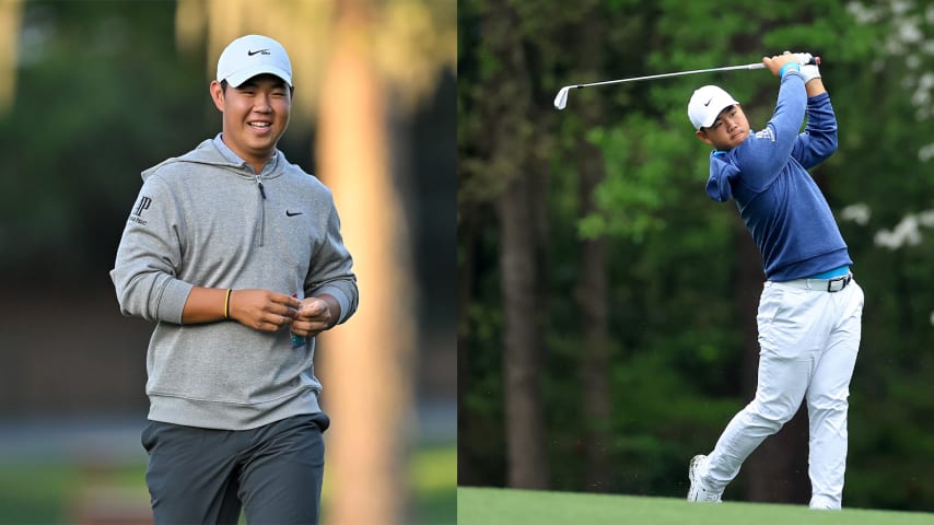 On the left, Tom Kim walks the fairways of TPC Sawgrass at the 2023 PLAYERS. (Ben Jared/PGA TOUR) On the right, Kim hits a shot during his Monday practice round at the 2023 Masters. (David Cannon/Getty Images)