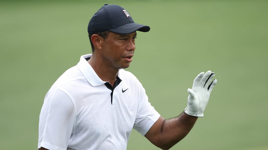 AUGUSTA, GEORGIA - APRIL 06: Tiger Woods of the United States walks on the 18th hole during the first round of the 2023 Masters Tournament at Augusta National Golf Club on April 06, 2023 in Augusta, Georgia. (Photo by Patrick Smith/Getty Images)