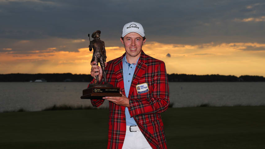 HILTON HEAD ISLAND, SOUTH CAROLINA - APRIL 16: Matt Fitzpatrick of England celebrates with the trophy in the Heritage Plaid tartan jacket after winning in a playoff during the final round of the RBC Heritage at Harbour Town Golf Links on April 16, 2023 in Hilton Head Island, South Carolina. (Photo by Kevin C. Cox/Getty Images)