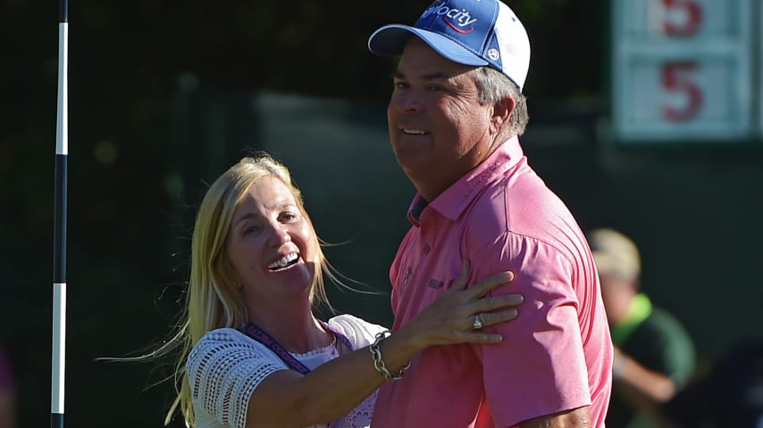 Kenny Perry celebrates with his wife Sandy after winning 2017 U.S. Senior Open Championship at Salem Country Club. (Drew Hallowell/Getty Images)