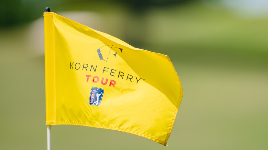 RALEIGH, NORTH CAROLINA - JUNE 05: The Korn Ferry Tour logo is displayed on the flag on the ninth hole during the final round of the Korn Ferry Tour REX Hospital Open at The Country Club at Wakefield Plantation on June 05, 2022 in Raleigh, North Carolina. (Photo by Jacob Kupferman/Getty Images)