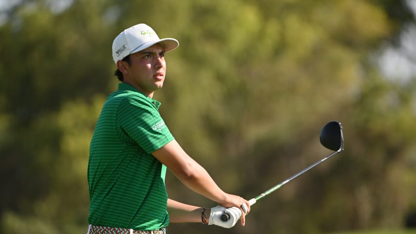 Jose Cristobal Islas of Mexico plays his shot from the 12th tee during the first round of the Mexico Open at Vidanta on April 28, 2022 in Puerto Vallarta, Jalisco. (Photo by Orlando Ramirez/Getty Images)