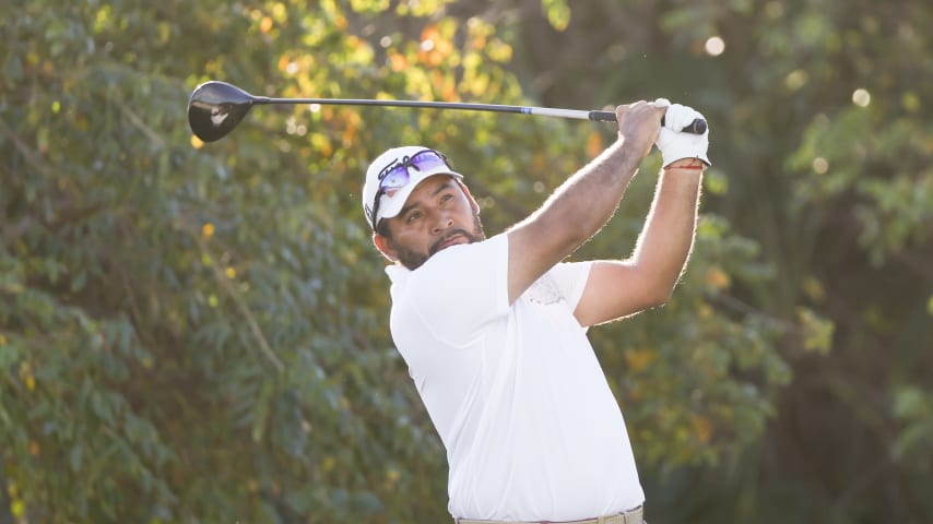 José de Jesús Rodríguez plays a tee shot from the second hole during the second round of The Bahamas Great Abaco Classic at The Abaco Club on Winding Bay on January 23, 2023 in Great Abaco, Bahamas. (Sarah Stier/Getty Images)