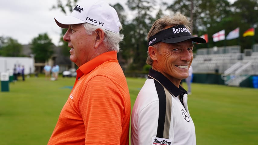 Hale Irwin (left) and Bernhard Lander (right) at The Woodlands CC. (PGA TOUR Champions)