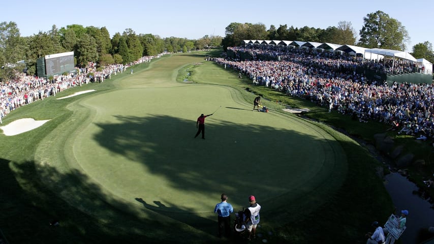 Tiger Woods celebrates after his two-stroke victory at Quail Hollow Club in 2007. (Streeter Lecka/Getty Images)