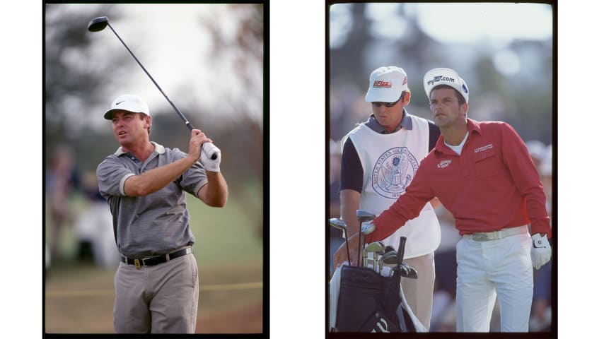 On the left, Lance Ten Broeck in 1999. (Chris Condon/PGA TOUR Archive) On the right, Ten Broeck caddies for Jesper Parnevik at the 2000 U.S. Open. (Stan Badz/PGA TOUR Archive)