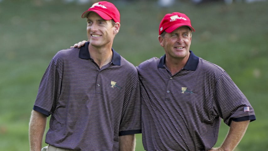 UNITED STATES - SEPTEMBER 22:  Jim Furyk and Fred Funk of the U.S. team during the first round of The Presidents Cup at Robert Trent Jones Golf Club in Prince William County, Virginia on September 22, 2005.  (Photo by Stan Badz/PGA)