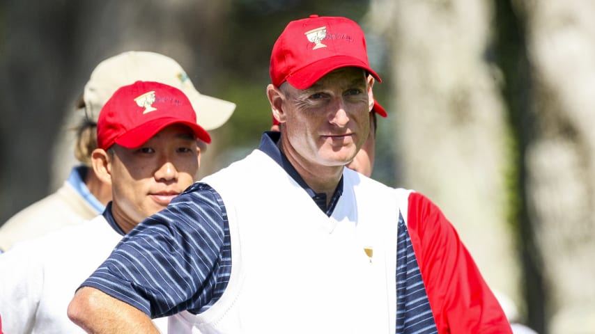 SAN FRANCISCO - OCTOBER 09:  Jim Furyk of the USA Team and Anthony Kim on the tee at the 6th hole during the Day Two Fourball Matches in The Presidents Cup at Harding Park Golf Course on October 9, 2009 in San Francisco, California  (Photo by David Cannon/Getty Images)