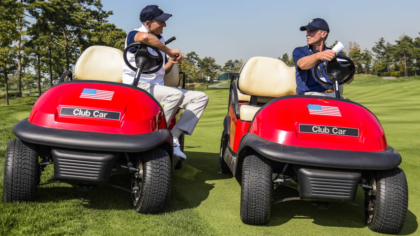 INCHEON CITY, SOUTH KOREA - OCTOBER 05: (L-R) Team USA Captain's Assistants Jim Furyk and Steve Stricker speak during practice for The Presidents Cup at Jack Nicklaus Golf Club Korea on October 5, 2015 in Songdo IBD, Incheon City, South Korea. (Photo by Chris Condon/PGA TOUR)