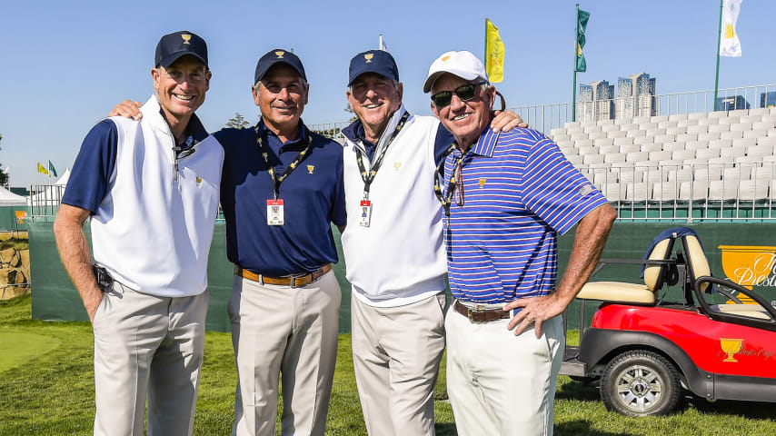 INCHEON CITY, SOUTH KOREA - OCTOBER 05: (L-R) Team USA Captain's Assistants Jim Furyk, Fred Couples, Captain Jay Haas and Haas' caddie Billy Harmon pose for a photo during practice for The Presidents Cup at Jack Nicklaus Golf Club Korea on October 5, 2015 in Songdo IBD, Incheon City, South Korea. (Photo by Chris Condon/PGA TOUR)