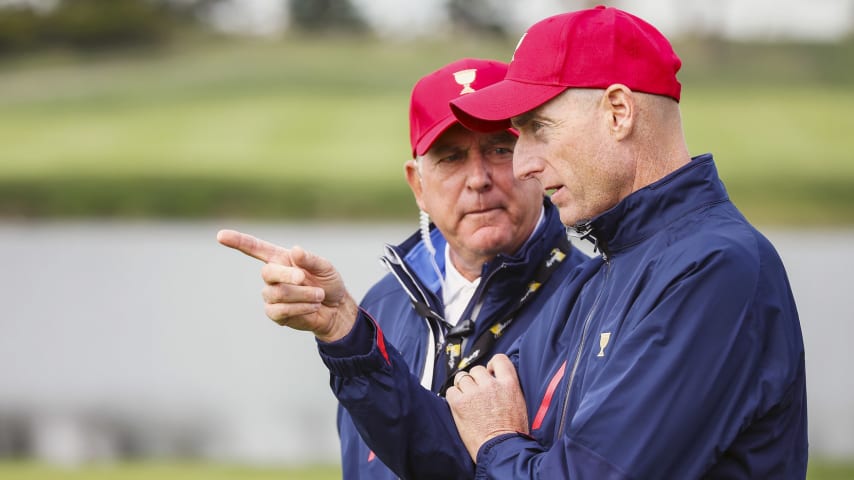 INCHEON CITY, SOUTH KOREA - OCTOBER 10:  Captain Jay Haas of the United States Team chats with Jim Furyk behind the 17th green during the Saturday foursomes matches at The Presidents Cup at Jack Nicklaus Golf Club Korea on October 10, 2015 in Songdo IBD, Incheon City, South Korea.  (Photo by Scott Halleran/Getty Images)