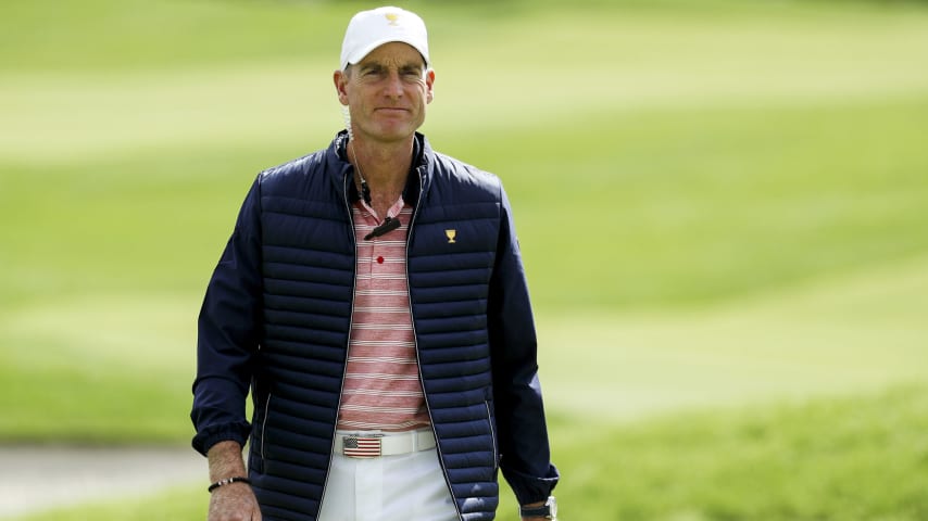 JERSEY CITY, NJ - SEPTEMBER 29:  Captain's assistant Jim Furyk of the U.S. Team walks during Friday four-ball matches of the Presidents Cup at Liberty National Golf Club on September 29, 2017 in Jersey City, New Jersey.  (Photo by Rob Carr/Getty Images)