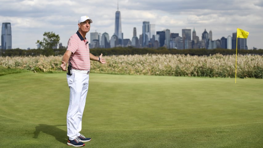 JERSEY CITY, NJ - SEPTEMBER 29: Jim Furyk, Captains Assistant of the U.S. Team,  on the 10th hole during the Friday four-ball matches during the second round of the Presidents Cup at Liberty National Golf Club on September 29, 2017, in Jersey City, New Jersey. (Photo by Chris Condon/PGA TOUR)