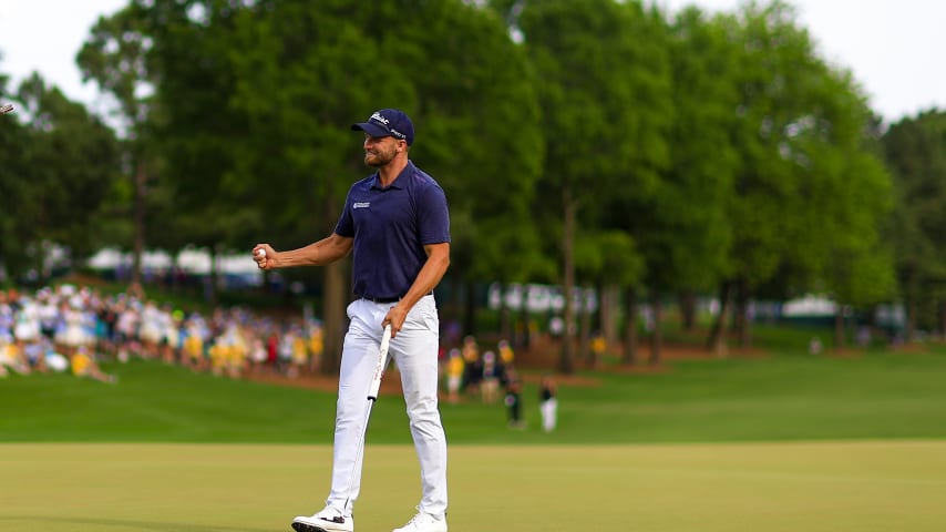 CHARLOTTE, NORTH CAROLINA - MAY 07: Wyndham Clark of the United States celebrates winning on the 18th green during the final round of the Wells Fargo Championship at Quail Hollow Country Club on May 07, 2023 in Charlotte, North Carolina. (Photo by Mike Ehrmann/Getty Images)