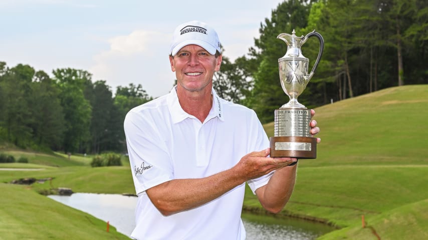 BIRMINGHAM, AL - MAY 15:  Steve Stricker poses with the trophy after the final round of the PGA TOUR Champions Regions Tradition at Greystone Golf and Country Club on May 15, 2022 in Birmingham, Alabama. (Photo by Tracy Wilcox/PGA TOUR via Getty Images)