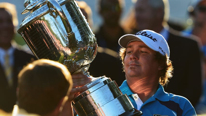 Jason Dufner admires the Wanamaker Trophy after his two-stroke victory at the 95th PGA Championship at Oak Hill Country Club in 2013. (Stuart Franklin/Getty Images)