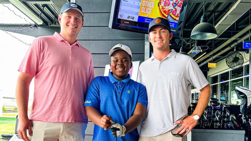 Sepp Straka (left) and Michael Johnson (right) at the First Tee Birmingham relaunch party at TopGolf in Birmingham. (First Tee - Birmingham)