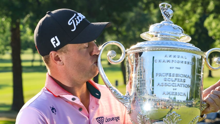 TULSA, OKLAHOMA - MAY 22: Justin Thomas of The United States holds the Wanamaker Trophy after his victory in the final round of the 2022 PGA Championship at Southern Hills Country Club on May 22, 2022 in Tulsa, Oklahoma. (Photo by David Cannon/Getty Images)