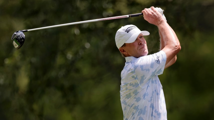 BIRMINGHAM, ALABAMA - MAY 14: Steve Stricker of the United States watches his tee shot on the second hole during the final round of the Regions Tradition at Greystone Golf and Country Club on May 14, 2023 in Birmingham, Alabama. (Photo by Alex Slitz/Getty Images)