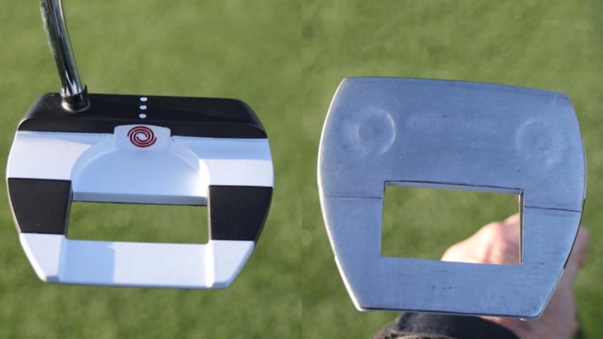 Rickie Fowler's Odyssey Versa Jailbird putter, equipped with a longer 17-inch SuperStroke grip and some 20 grams of lead tape. (GolfWRX)