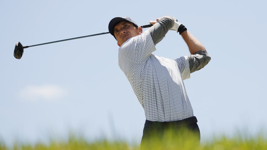 HUNTSVILLE, ALABAMA - APRIL 30: Carter Jenkins of the United States hits a tee shot on the first hole during the final round of the HomeTown Lenders Championship at The Ledges on April 30, 2023 in Huntsville, Alabama. (Photo by Alex Slitz/Getty Images)