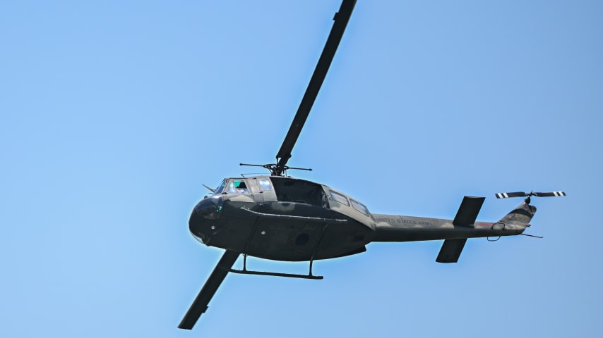 A Military helicopter flies over the course during the final round of the Charles Schwab Challenge at Colonial Country Club on May 29, 2022 in Fort Worth, Texas. (Ben Jared/PGA TOUR)