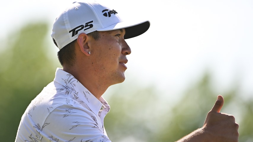 KANSAS CITY, MISSOURI - MAY 21: Rico Hoey gives a thumbs up as he walk on the 18th hole during the final round of the AdventHealth Championship at Blue Hills Country Club on May 21, 2023 in Kansas City, Missouri. (Photo by Jeff Curry/Getty Images)