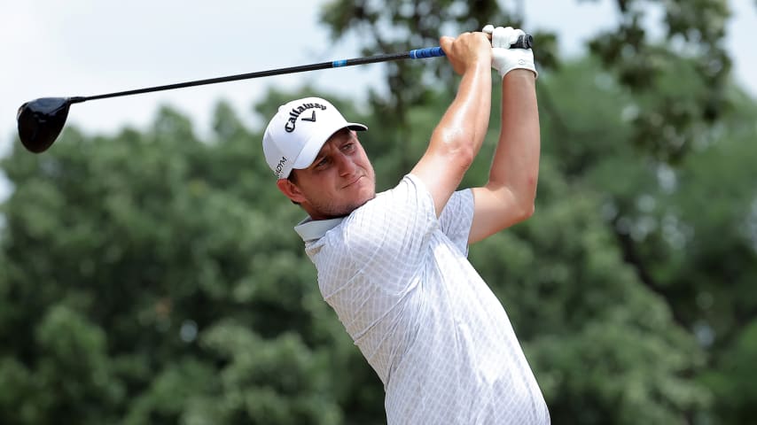 FORT WORTH, TEXAS - MAY 28:  Emiliano Grillo of Argentina hits his first shot on the 3rd hole during the final round of the Charles Schwab Challenge at Colonial Country Club on May 28, 2023 in Fort Worth, Texas. (Photo by Jonathan Bachman/Getty Images)