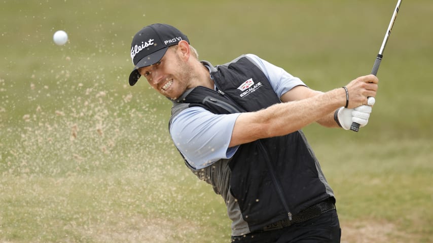 KNOXVILLE, TENNESSEE - MAY 28: Jimmy Stanger of the United States plays a shot from a bunker on the ninth hole during the final round of the Visit Knoxville Open at Holston Hills Country Club on May 28, 2023 in Knoxville, Tennessee. (Photo by Alex Slitz/Getty Images)