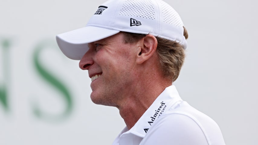 BIRMINGHAM, ALABAMA - MAY 15: Steve Stricker is interviewed after winning the Regions Tradition at Greystone Golf and Country Club on May 15, 2022 in Birmingham, Alabama. (Photo by Dylan Buell/Getty Images)