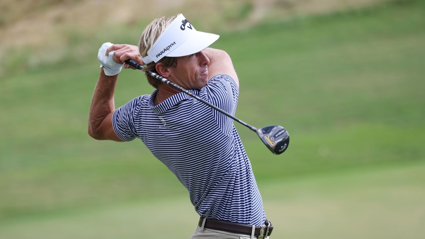 LOS ANGELES, CALIFORNIA - JUNE 12: Olin Browne Jr. of the United States plays his shot from the seventh tee during a practice round prior to the 123rd U.S. Open Championship at The Los Angeles Country Club on June 12, 2023 in Los Angeles, California. (Photo by Harry How/Getty Images)