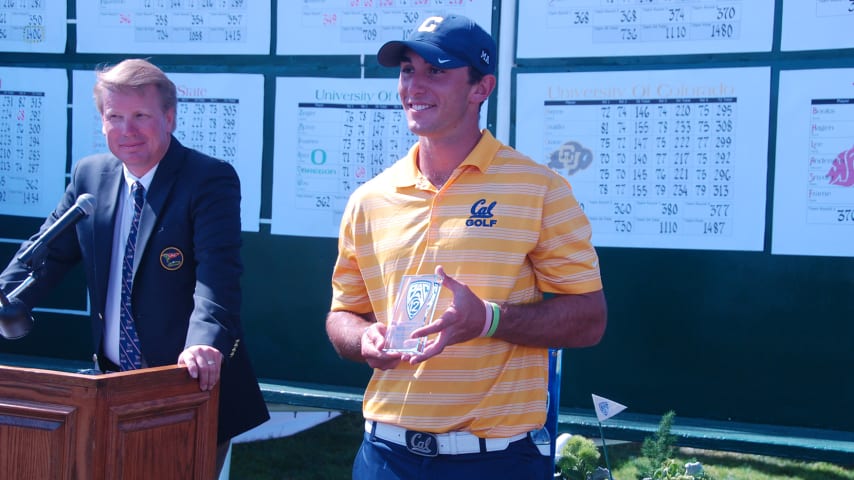 Max Homa holds the trophy after winning the 2013 Pac-12 Championship at Los Angeles Country Club. (Cal Athletics)