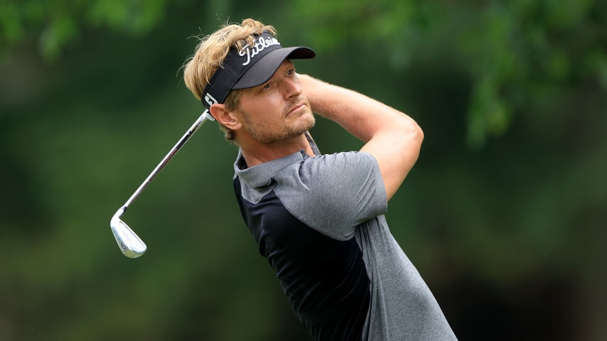 GREER, SOUTH CAROLINA - JUNE 08: Brett Stegmaier plays a shot on the ninth hole during the first round of the BMW Charity Pro-Am presented by TD SYNNEX at Thornblade Club on June 08, 2023 in Greer, South Carolina. (Photo by Sam Greenwood/Getty Images)