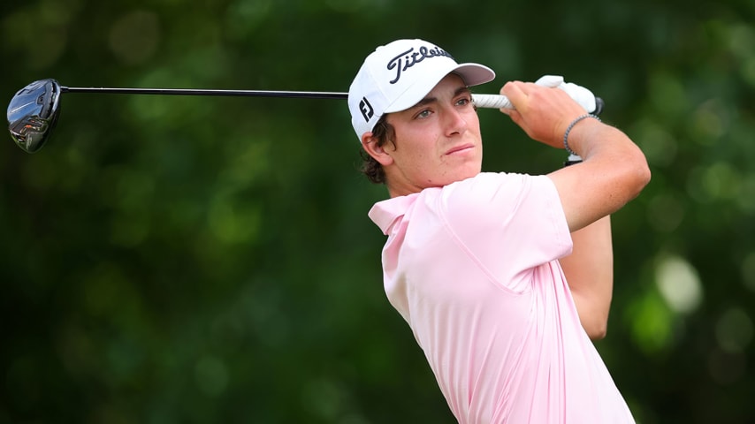 CROMWELL, CONNECTICUT - JUNE 24: Amateur Benjamin James of the United States plays his shot from the 12th tee during the second round of Travelers Championship at TPC River Highlands on June 24, 2022 in Cromwell, Connecticut. (Photo by Michael Reaves/Getty Images)