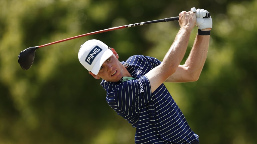 LAKEWOOD RANCH, FLORIDA - APRIL 23: Logan McAllister hits from the 16th tee during the final round of the LECOM Suncoast Classic at Lakewood National Golf Club Commander on April 23, 2023 in Lakewood Ranch, Florida. (Photo by Douglas P. DeFelice/Getty Images)