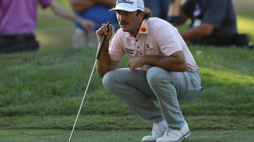 NAPA, CALIFORNIA - SEPTEMBER 19: Max Homa lines up his putt on the 16th hole during the final round of the Fortinet Championship at Silverado Resort and Spa on September 19, 2021 in Napa, California. (Photo by Meg Oliphant/Getty Images)