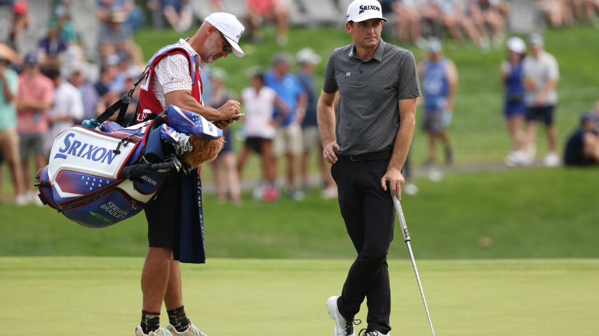 CROMWELL, CONNECTICUT - JUNE 25: Keegan Bradley of the United States and caddie Scott Vail wait on the fifth green during the final round of the Travelers Championship at TPC River Highlands on June 25, 2023 in Cromwell, Connecticut. (Photo by Patrick Smith/Getty Images)