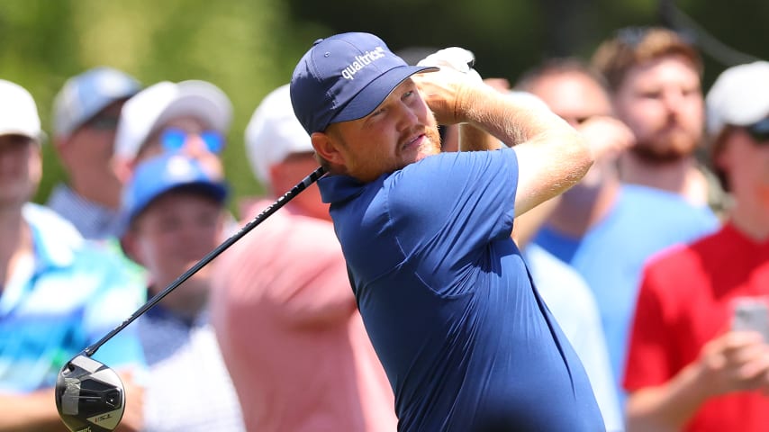 CROMWELL, CONNECTICUT - JUNE 25: Zac Blair of the United States plays his shot from the first tee during the final round of the Travelers Championship at TPC River Highlands on June 25, 2023 in Cromwell, Connecticut. (Photo by Stacy Revere/Getty Images)