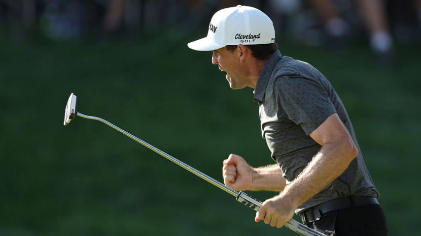 CROMWELL, CONNECTICUT - JUNE 25: Keegan Bradley of the United States celebrates winning on the 18th green during the final round of the Travelers Championship at TPC River Highlands on June 25, 2023 in Cromwell, Connecticut. (Photo by Rob Carr/Getty Images)