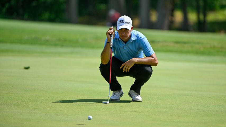 SPRINGFIELD, ILLINOIS - JUNE 30: Martin Contini of Argentina lines up his putt on the eighth hole during the second round of the Memorial Health Championship presented by LRS at Panther Creek Country Club on June 30, 2023 in Springfield, Illinois. (Photo by Jeff Curry/Getty Images)