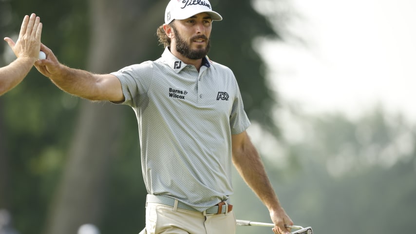 DETROIT, MICHIGAN - JUNE 30: Max Homa of the United States reacts after a putt on the 17th green during the second round of the Rocket Mortgage Classic at Detroit Golf Club on June 30, 2023 in Detroit, Michigan. (Photo by Cliff Hawkins/Getty Images)