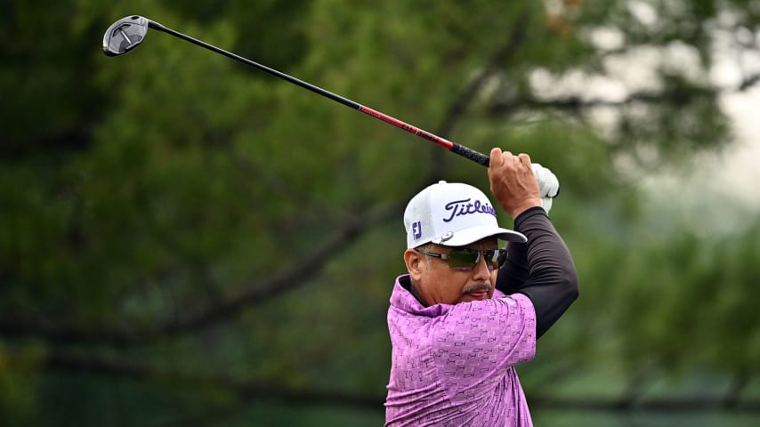 TORONTO, ONTARIO - JUNE 08:  Omar Uresti of the United States hits his first shot on the 2nd hole during the first round of the RBC Canadian Open at Oakdale Golf & Country Club on June 08, 2023 in Toronto, Ontario. (Photo by Minas Panagiotakis/Getty Images)