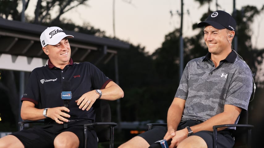 BELLEAIR, FLORIDA - DECEMBER 10:  Justin Thomas of the United States and Jordan Spieth of the United States take part in the Bleacher Report Press Conference on the range prior to The Match 7 at Pelican Golf Club on December 10, 2022 in Belleair, Florida. (Photo by David Cannon/Getty Images for The Match)