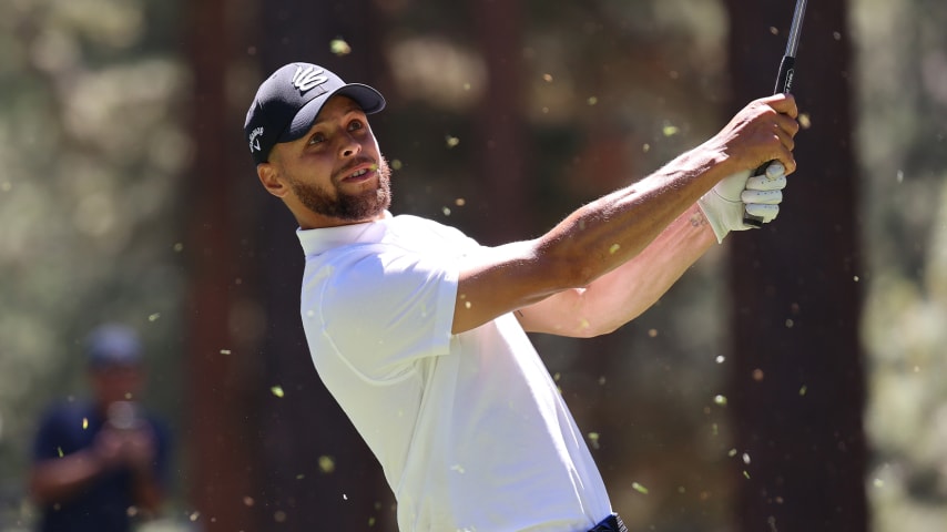 Steph Curry goes crazy after making an ace at the American Century Championship