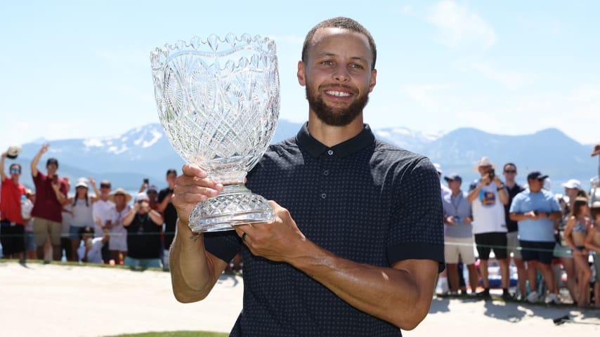 STATELINE, NEVADA - JULY 16: Stephen Curry of the NBA Golden State Warriors holds the trophy after winning the American Century Championship on Day Three of the 2023 American Century Championship at Edgewood Tahoe Golf Course on July 16, 2023 in Stateline, Nevada. (Photo by Isaiah Vazquez/Getty Images)