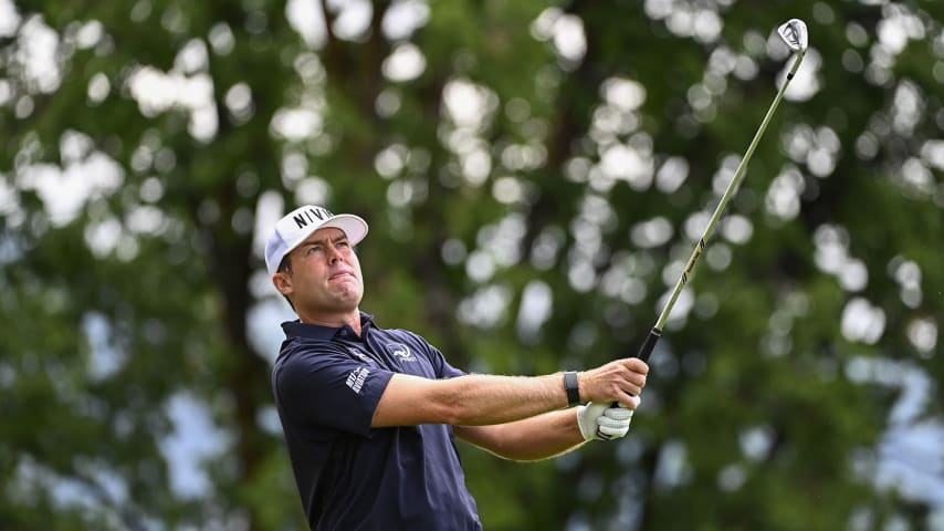 FARMINGTON, UTAH - AUGUST 06: Kyle Reifers tees off on the 14th hole during the third round of the Utah Championship presented by Zions Bank at Oakridge Country Club on August 06, 2022 in Farmington, Utah. (Photo by Alex Goodlett/Getty Images)