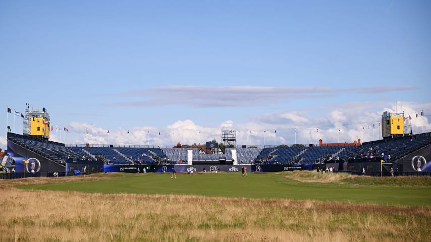 HOYLAKE, ENGLAND - JULY 17: General view of the 18th green during a practice round prior to The 151st Open at Royal Liverpool Golf Club on July 17, 2023 in Hoylake, England. (Photo by Ross Kinnaird/Getty Images)