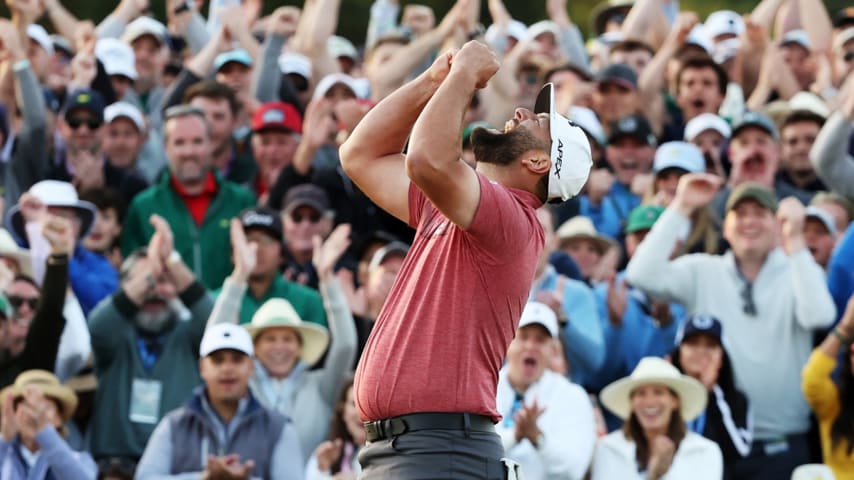 Jon Rahm of Spain celebrates on the 18th green after winning the 2023 Masters Tournament at Augusta National Golf Club on April 09, 2023 in Augusta, Georgia. (Photo by Christian Petersen/Getty Images)