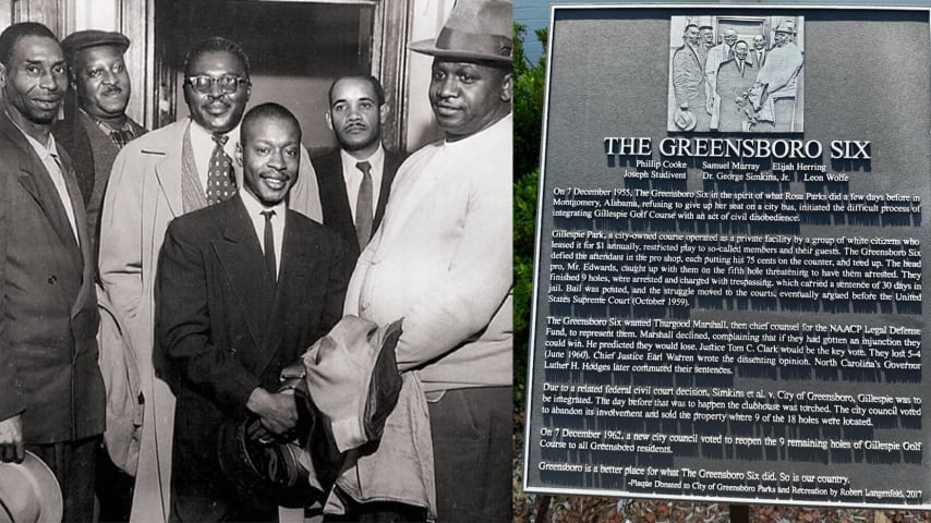 This photo of the Greensboro Six is engraved on a plaque in front of the clubhouse at Gillespie Golf Course. (High Point University Archives)