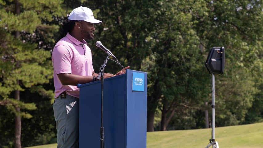 Will Lowery speaks at the First Tee-Central Carolina's clinic at Gillespie Golf Course. (Zachary Stinson/Travel + Leisure)